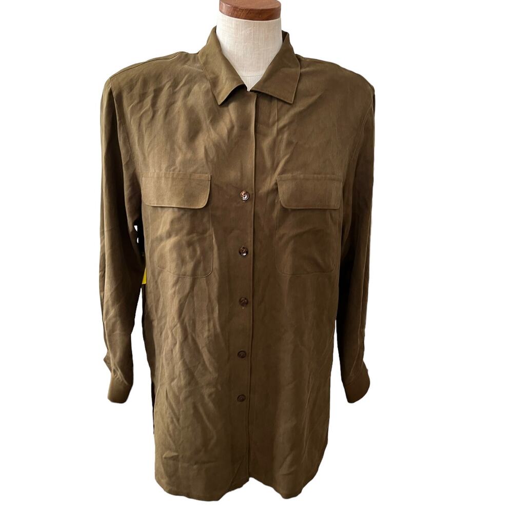 Vintage Jones New York Olive Green Silk Button Down Shirt 8